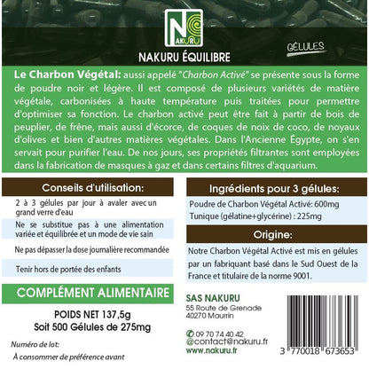 NAKURU Charbon Végétal — 500 gélules — Étiquette dos