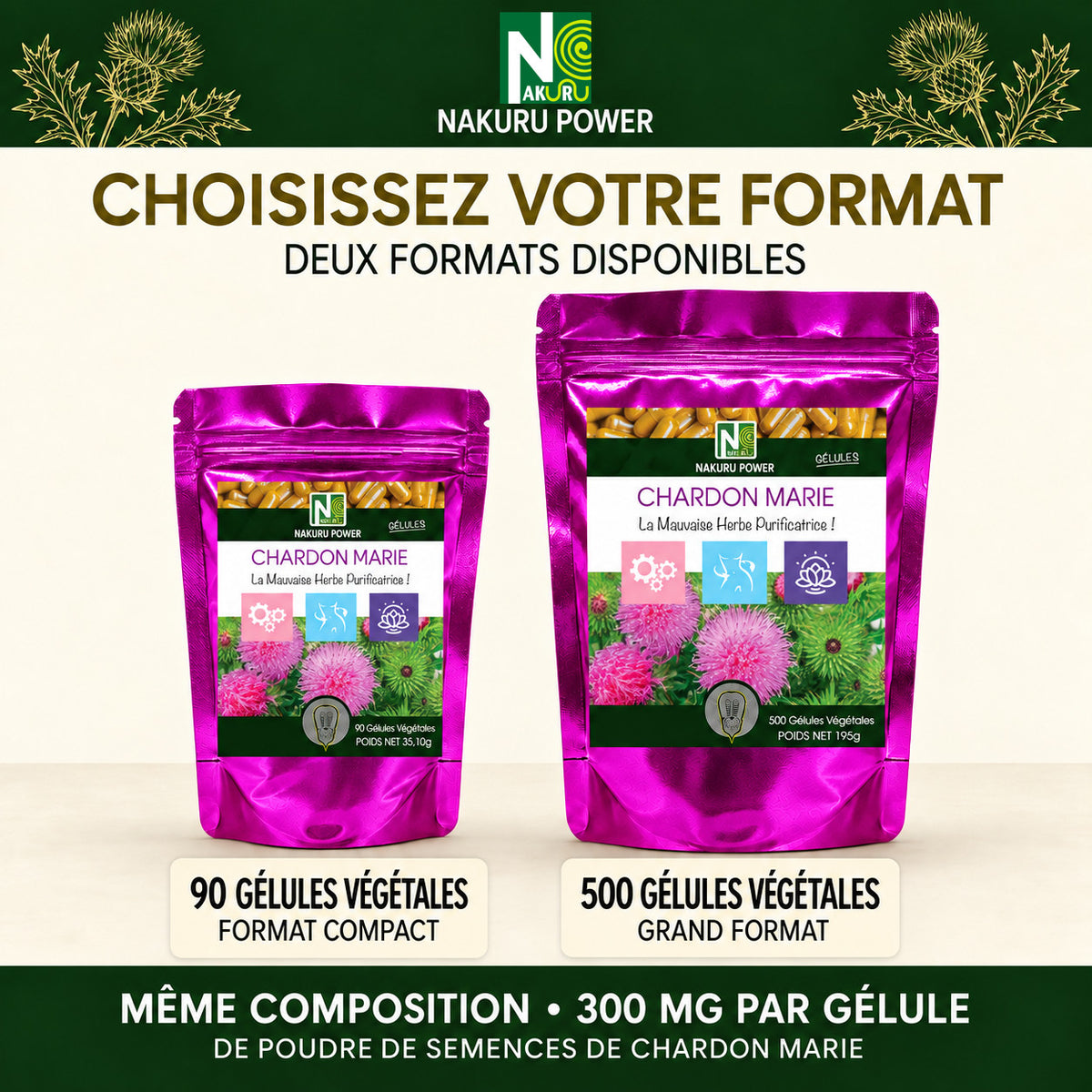 NAKURU Chardon Marie — 500 gélules — Comparatif formats