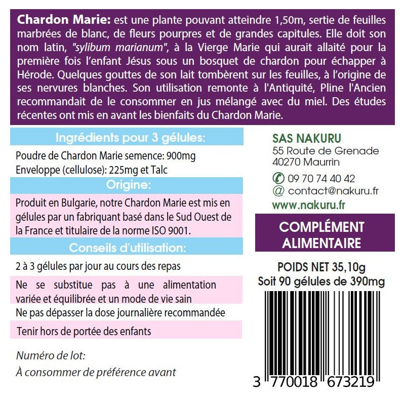 NAKURU Chardon Marie — 90 gélules — Étiquette dos
