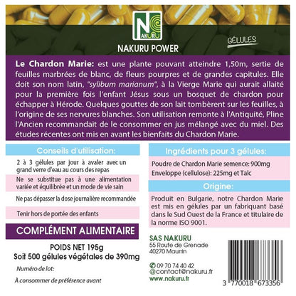 NAKURU Chardon Marie — 500 gélules — Étiquette dos
