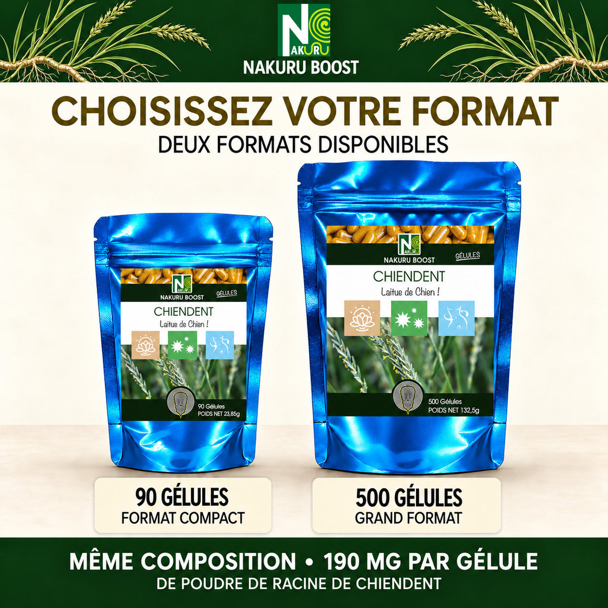 NAKURU Chiendent — 500 gélules — Comparatif formats