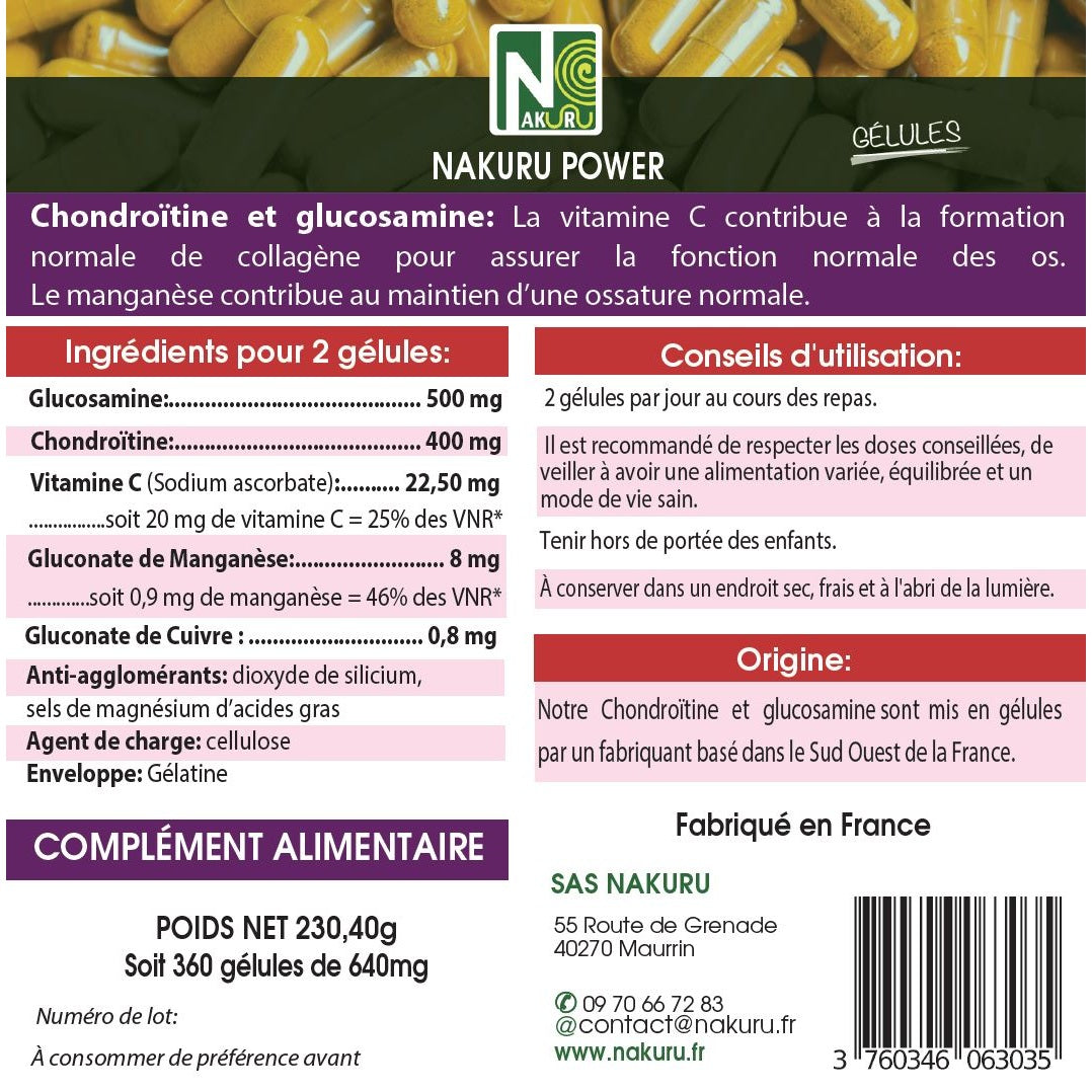 NAKURU Chondroitine + Glucosamine — 360 gélules — Étiquette dos