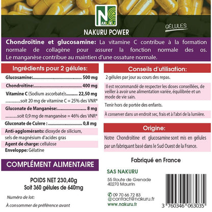 NAKURU Chondroitine + Glucosamine — 360 gélules — Étiquette dos