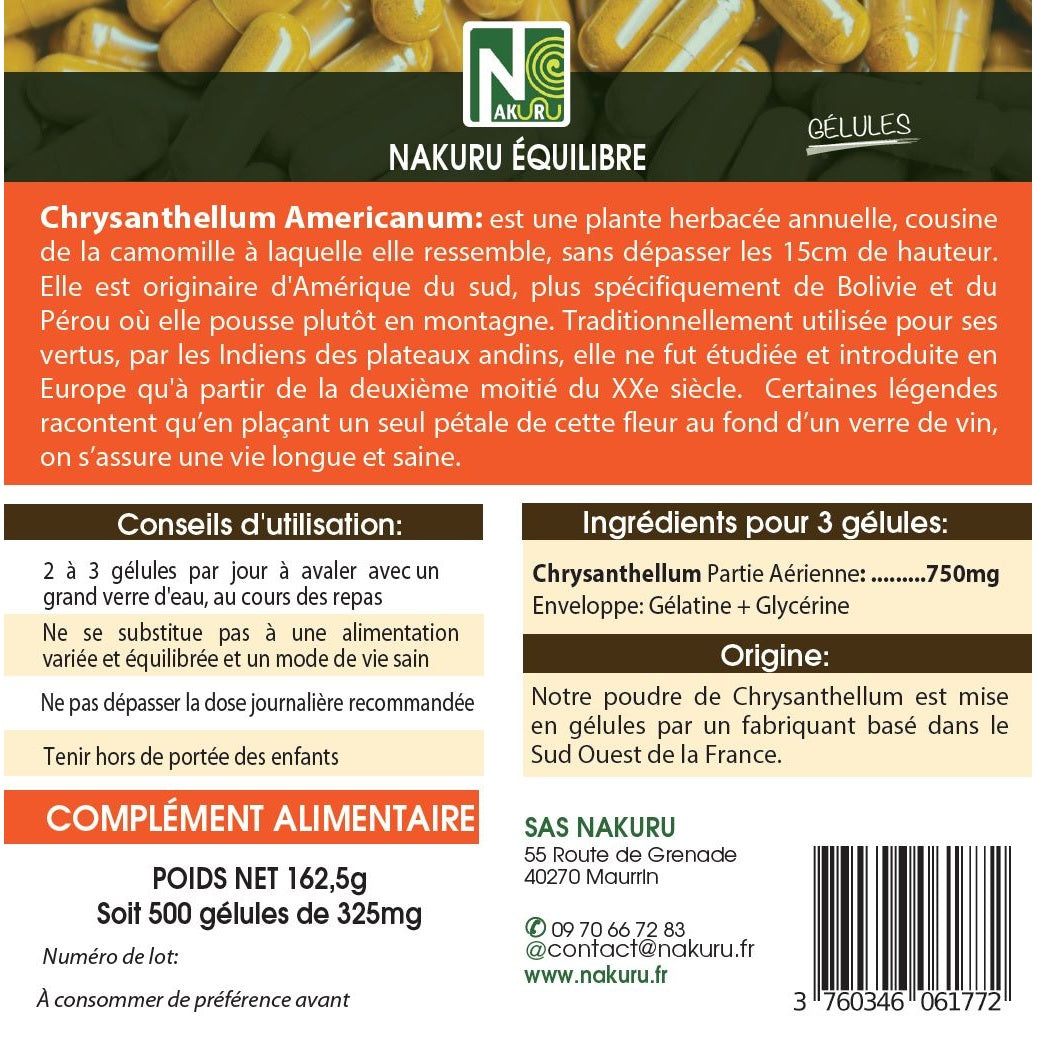 NAKURU Chrysanthellum — 500 gélules — Étiquette dos