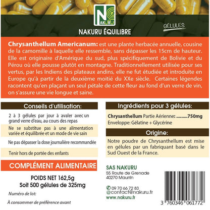 NAKURU Chrysanthellum — 500 gélules — Étiquette dos