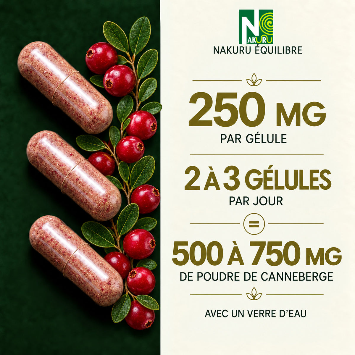 NAKURU Cranberry — 500 gélules — Dosage
