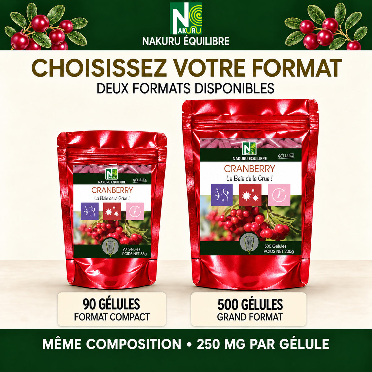 NAKURU Cranberry — 500 gélules — Comparatif formats