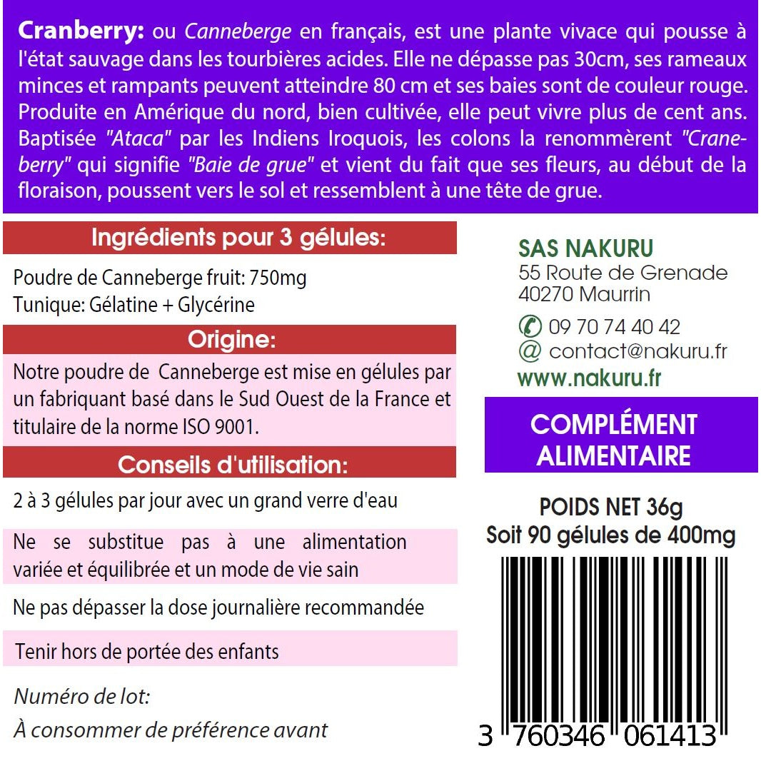 NAKURU Cranberry — 90 gélules — Étiquette dos