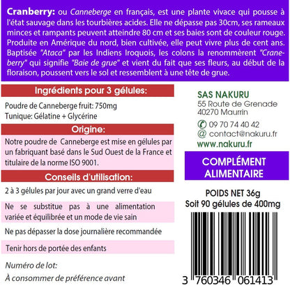 NAKURU Cranberry — 90 gélules — Étiquette dos