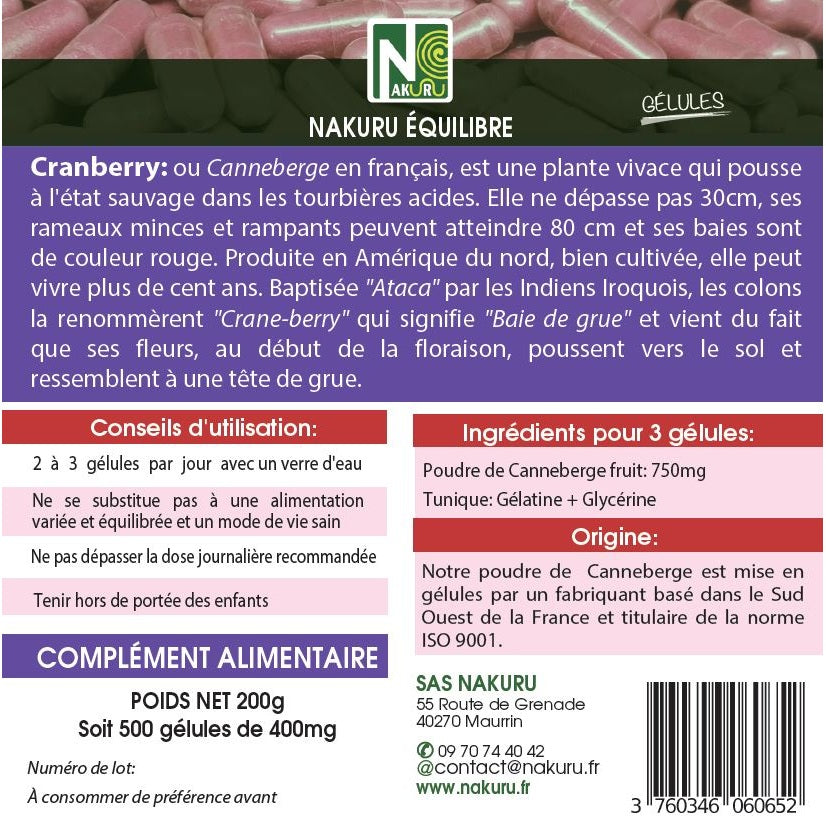 NAKURU Cranberry — 500 gélules — Étiquette dos