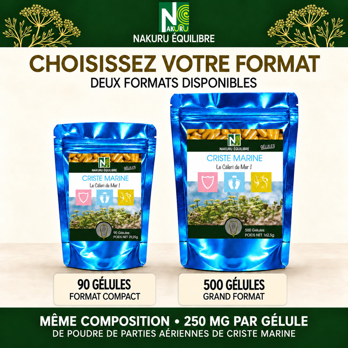 NAKURU Criste Marine — 500 gélules — Comparatif formats
