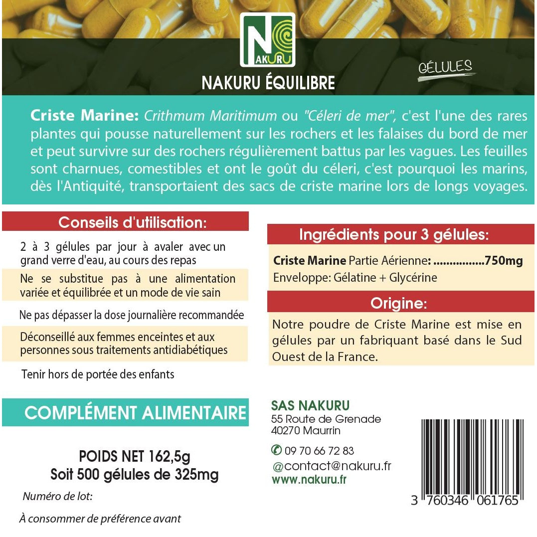 NAKURU Criste Marine — 500 gélules — Étiquette dos