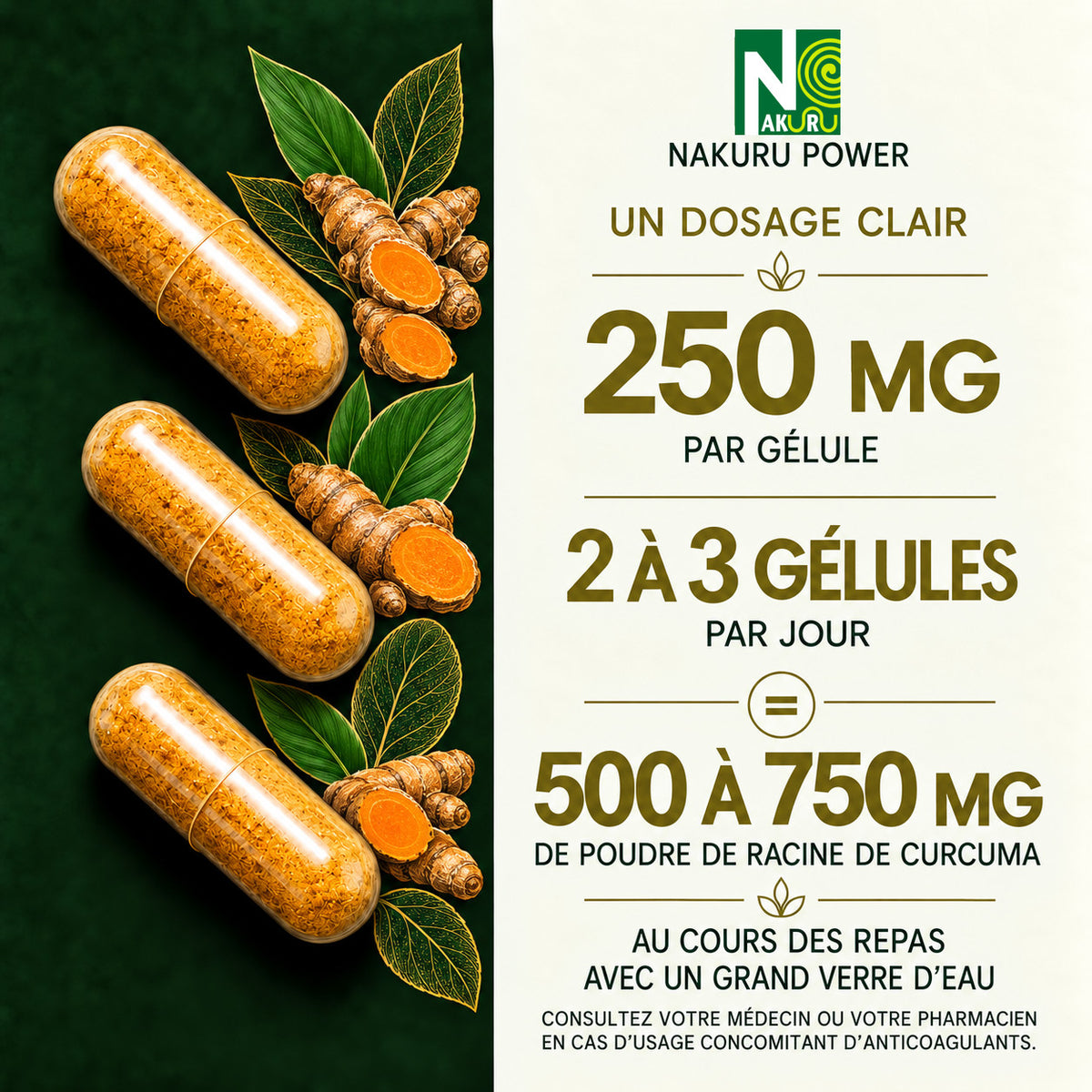 NAKURU Curcuma — 500 gélules — Dosage