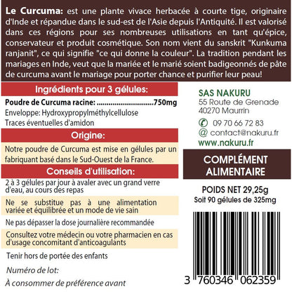 NAKURU Curcuma — 90 gélules — Étiquette dos
