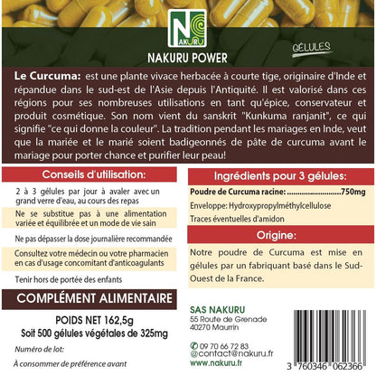 NAKURU Curcuma — 500 gélules — Étiquette dos