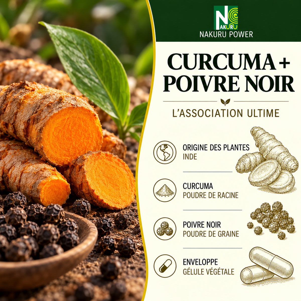 NAKURU Curcuma + Poivre Noir — 500 gélules — Présentation