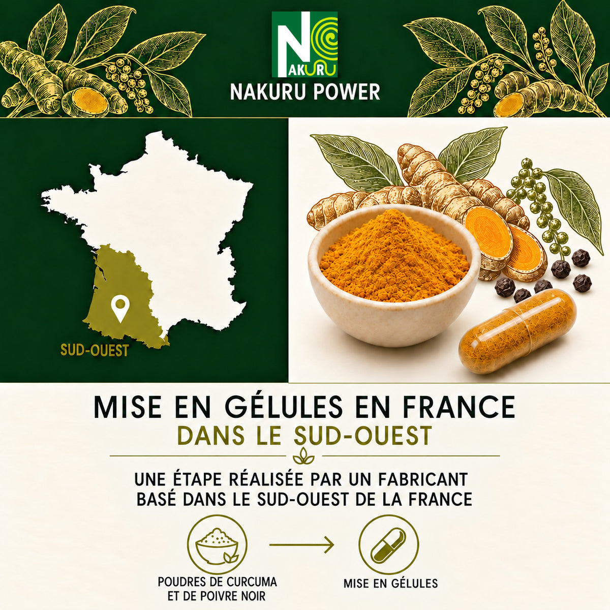 NAKURU Curcuma + Poivre Noir — 500 gélules — Fabrication