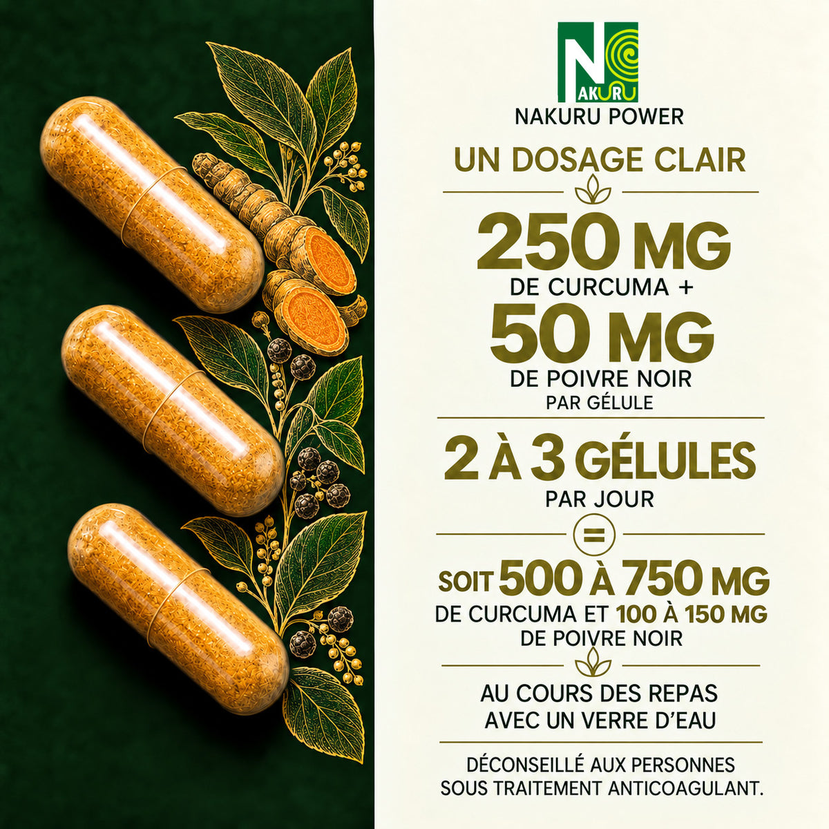 NAKURU Curcuma + Poivre Noir — 500 gélules — Dosage