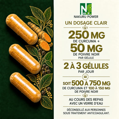 NAKURU Curcuma + Poivre Noir — 500 gélules — Dosage