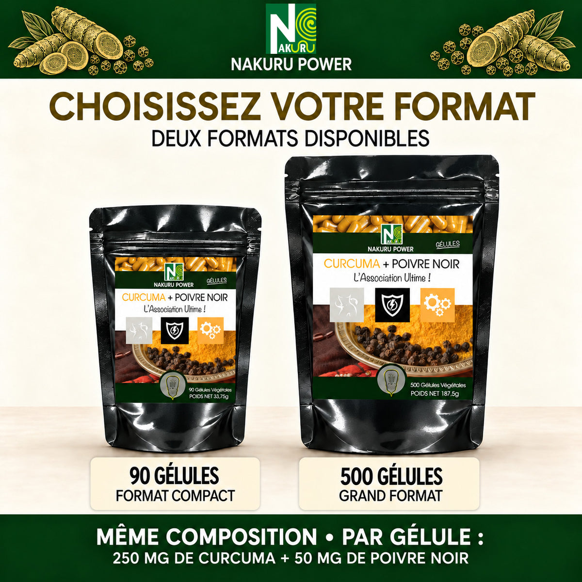 NAKURU Curcuma + Poivre Noir — 500 gélules — Comparatif formats