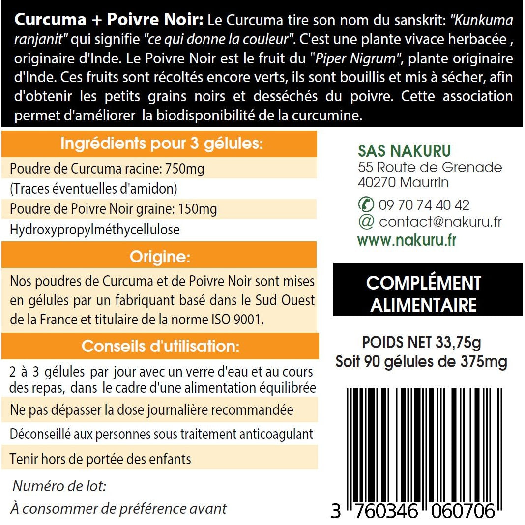 NAKURU Curcuma + Poivre Noir — 90 gélules — Étiquette dos