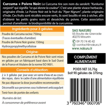 NAKURU Curcuma + Poivre Noir — 90 gélules — Étiquette dos