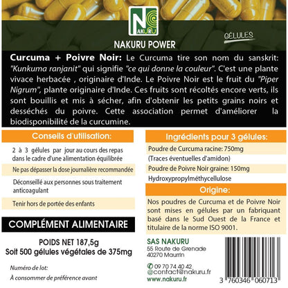 NAKURU Curcuma + Poivre Noir — 500 gélules — Étiquette dos