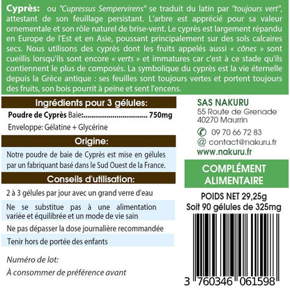 NAKURU Cyprès — 90 gélules — Étiquette dos