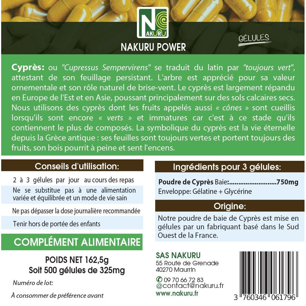 NAKURU Cyprès — 500 gélules — Étiquette dos