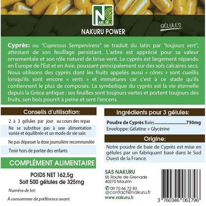 NAKURU Cyprès — 500 gélules — Étiquette dos