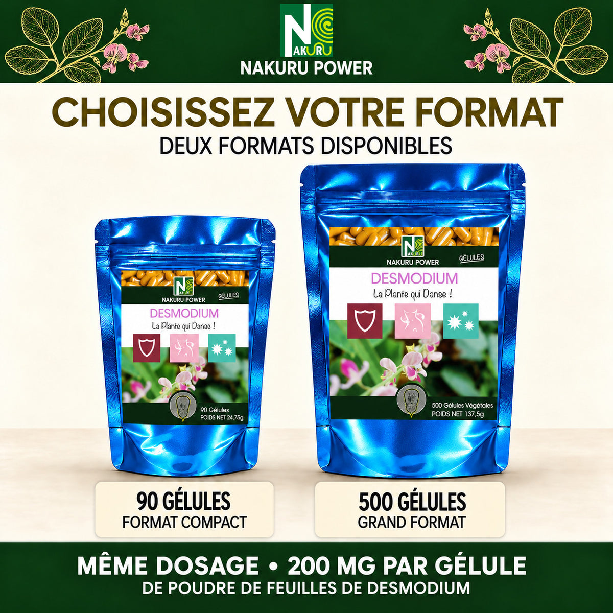 NAKURU Desmodium — 500 gélules — Comparatif formats