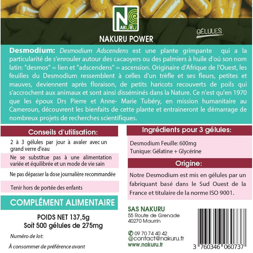 NAKURU Desmodium — 500 gélules — Étiquette dos