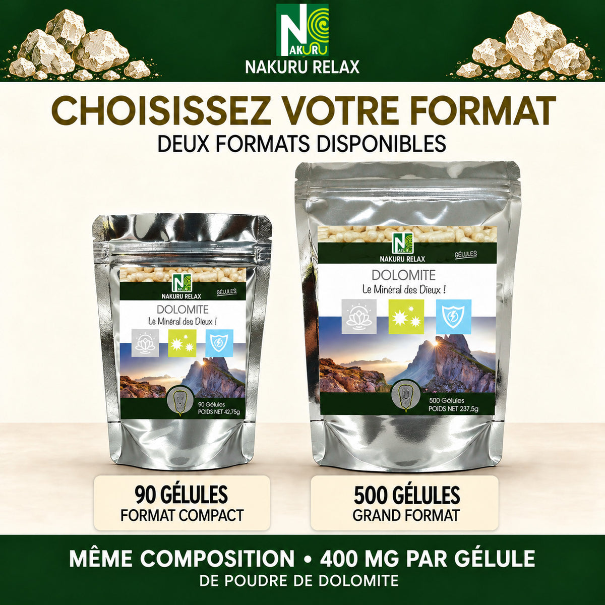 NAKURU Dolomite — 500 gélules — Comparatif formats