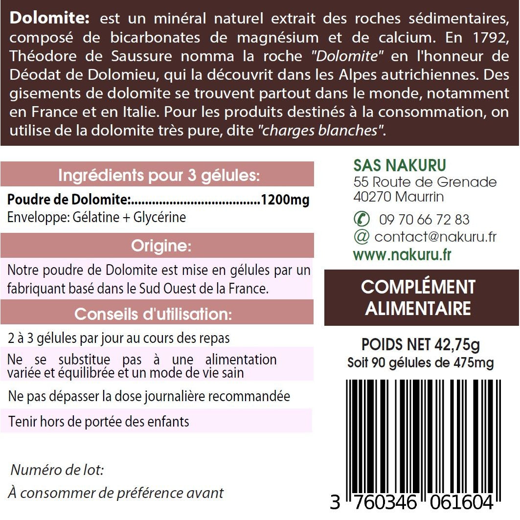 NAKURU Dolomite — 90 gélules — Étiquette dos