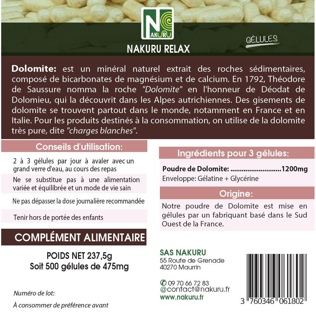 NAKURU Dolomite — 500 gélules — Étiquette dos