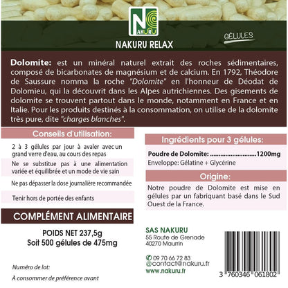 NAKURU Dolomite — 500 gélules — Étiquette dos
