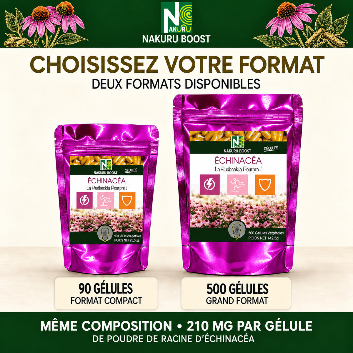 NAKURU Echinacéa — 500 gélules — Comparatif formats