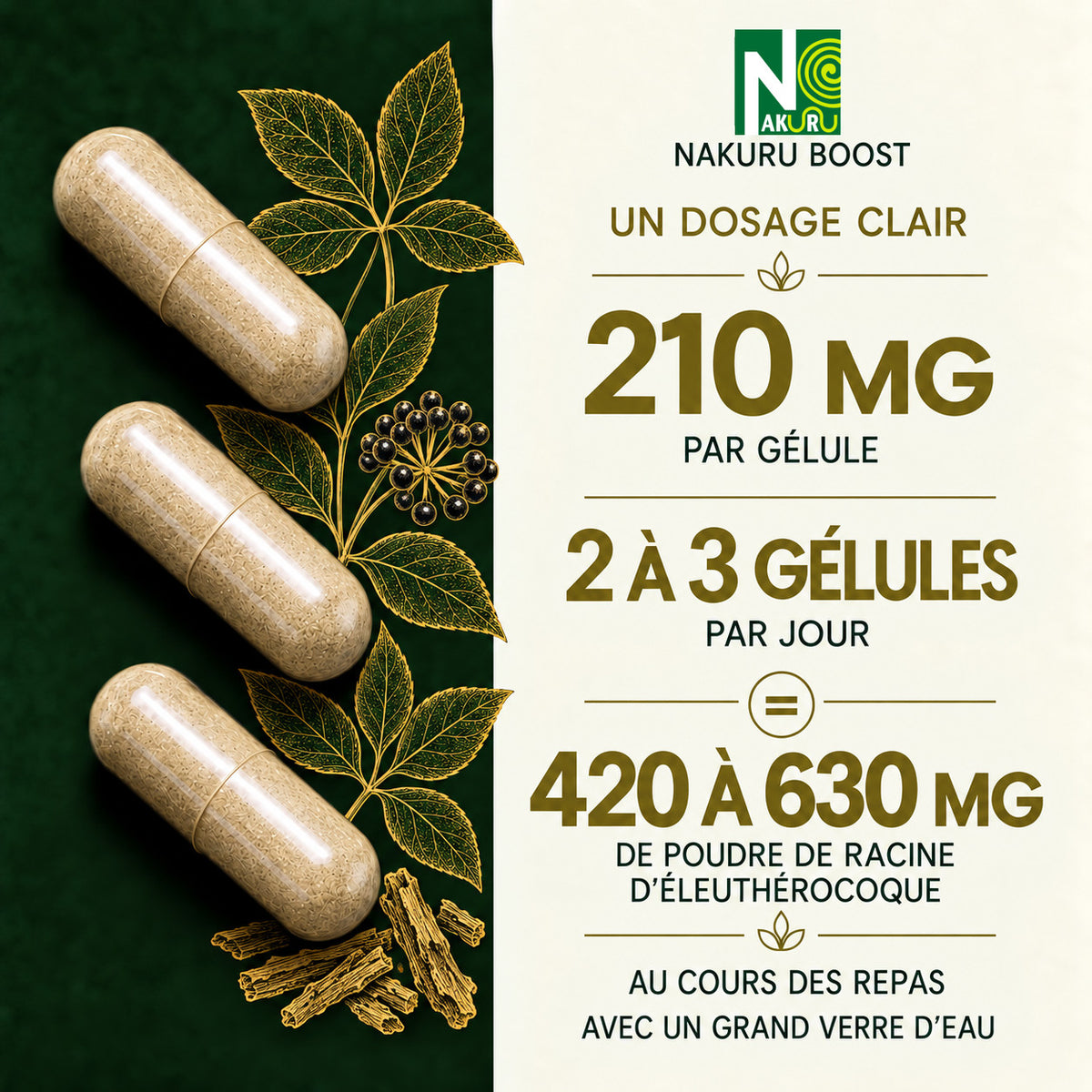 NAKURU Eleuthérocoque — 500 gélules — Dosage