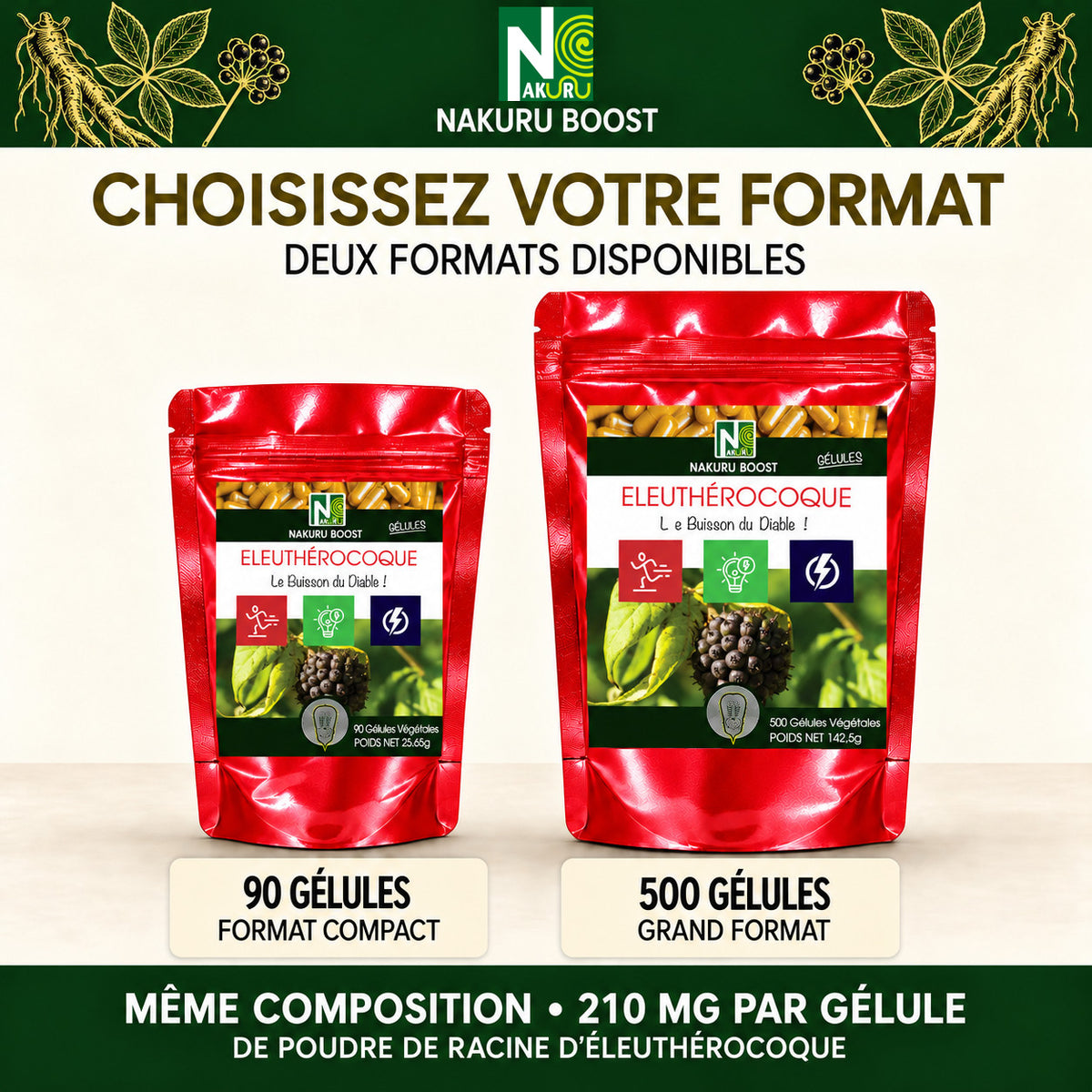 NAKURU Eleuthérocoque — 500 gélules — Comparatif formats