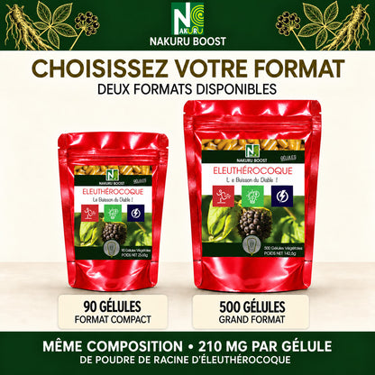 NAKURU Eleuthérocoque — 500 gélules — Comparatif formats