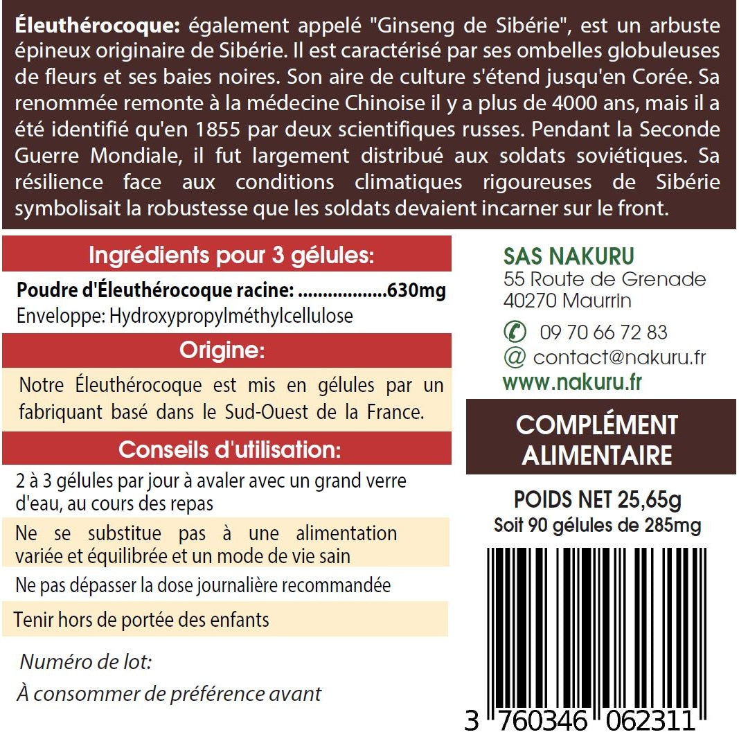 NAKURU Eleuthérocoque — 90 gélules — Étiquette dos