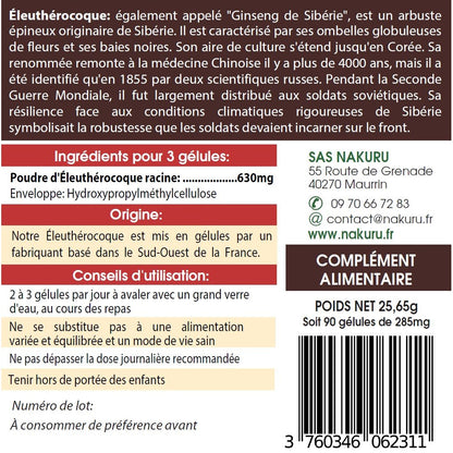 NAKURU Eleuthérocoque — 90 gélules — Étiquette dos