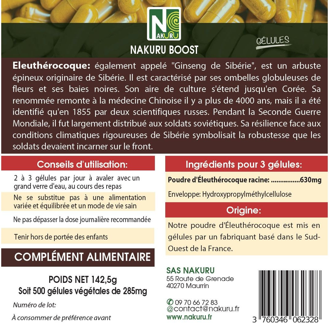 NAKURU Eleuthérocoque — 500 gélules — Étiquette dos