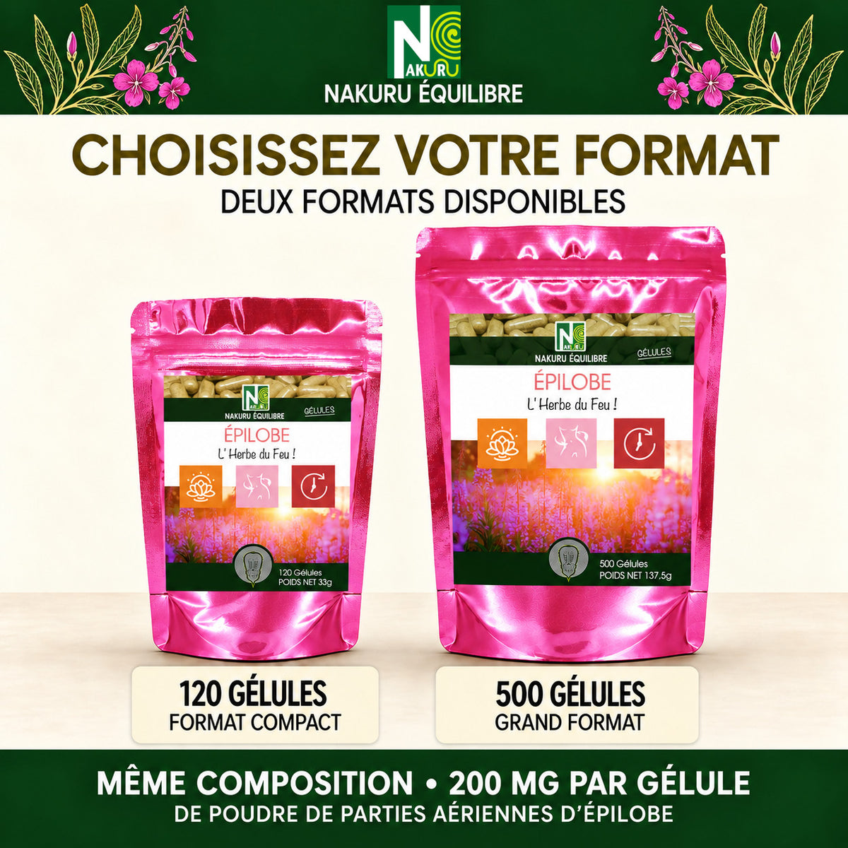 NAKURU Epilobe — 500 gélules — Comparatif formats