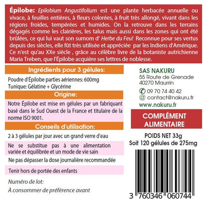 NAKURU Epilobe — 120 gélules — Étiquette dos