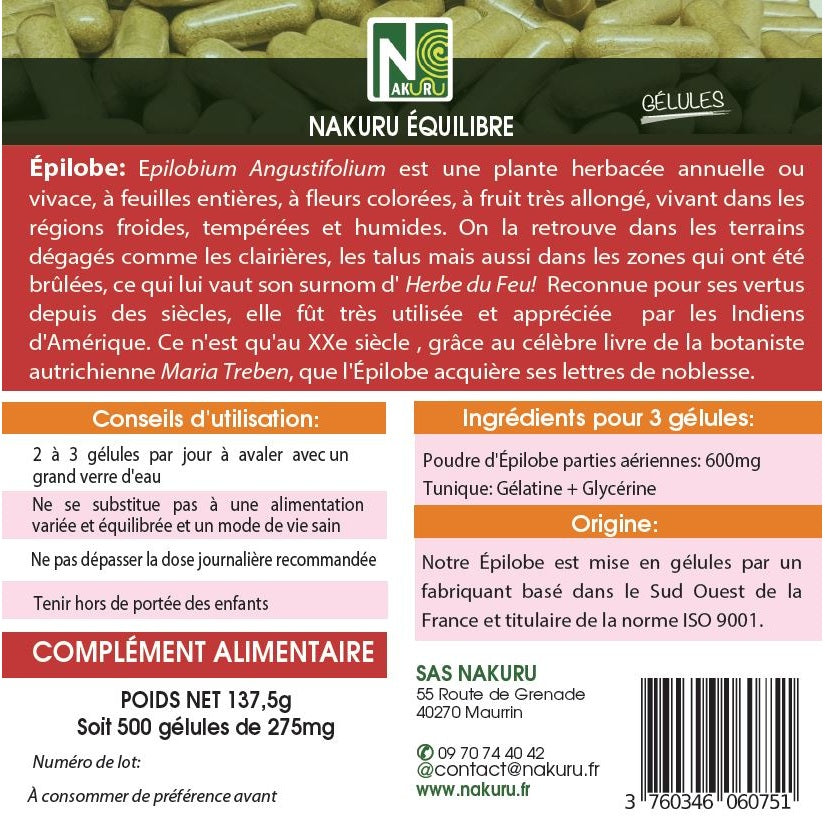 NAKURU Epilobe — 500 gélules — Étiquette dos