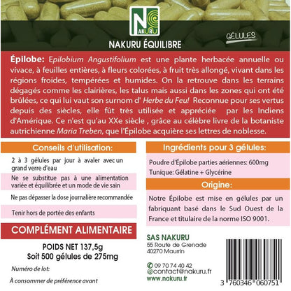 NAKURU Epilobe — 500 gélules — Étiquette dos