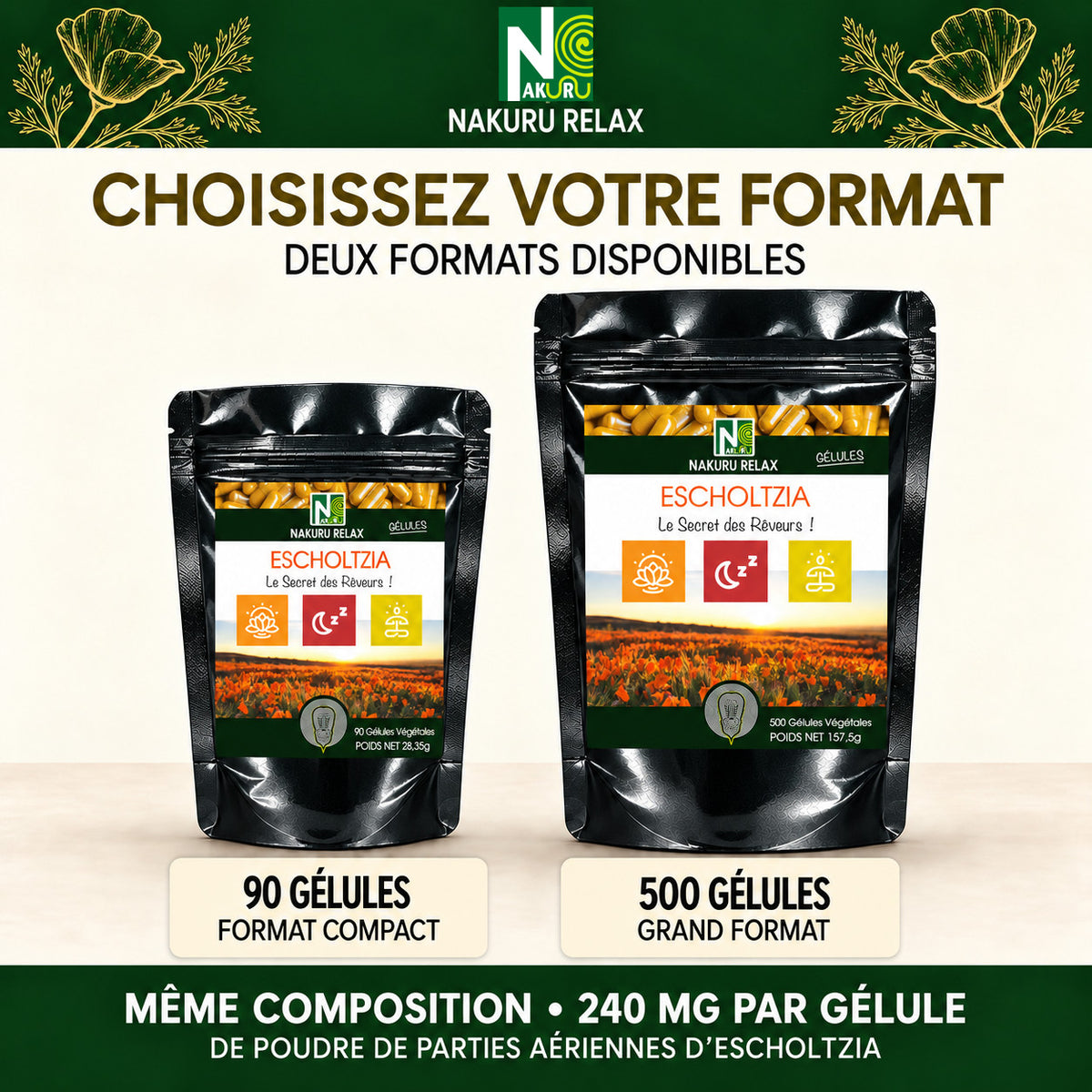 NAKURU Escholtzia — 500 gélules — Comparatif formats
