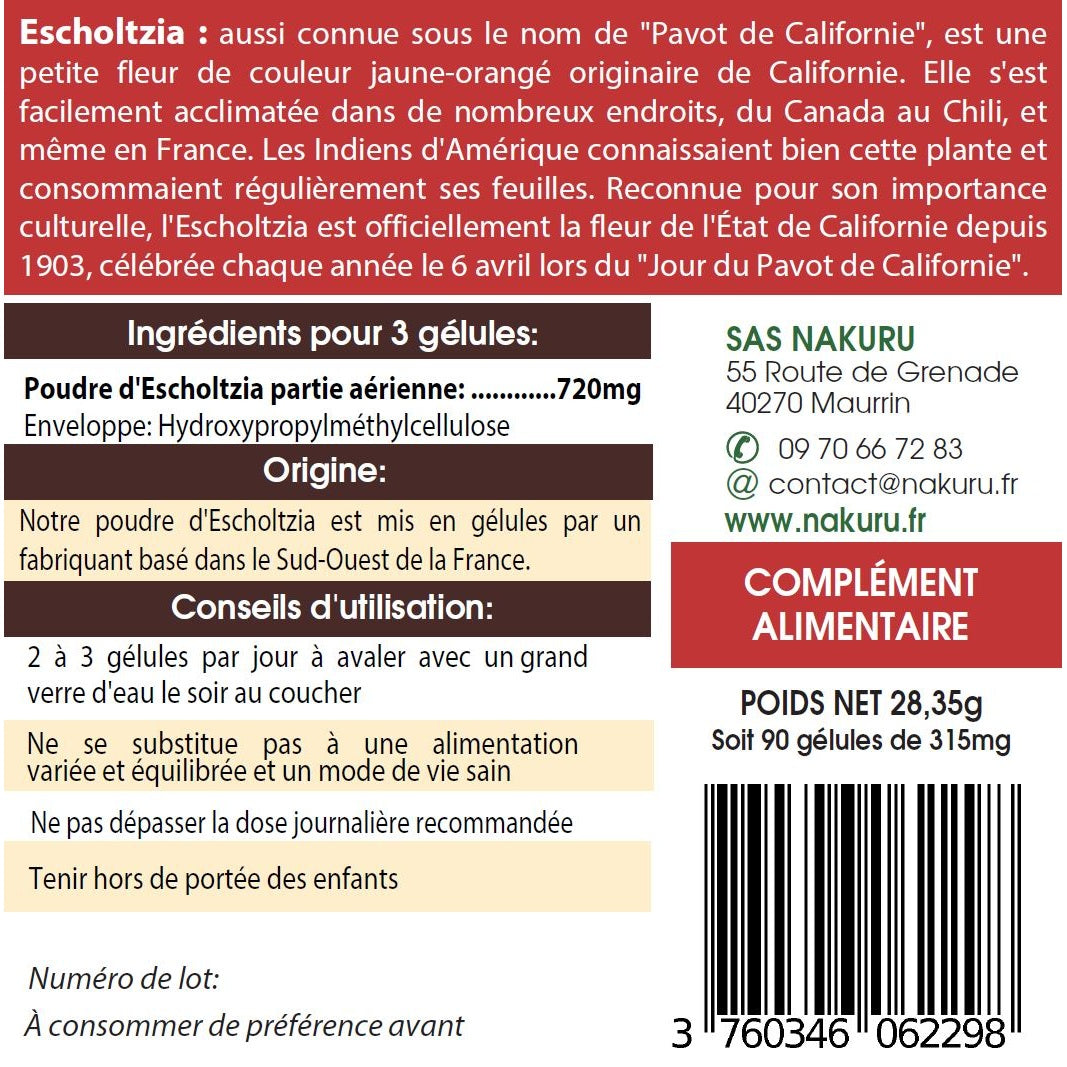 NAKURU Escholtzia — 90 gélules — Étiquette dos