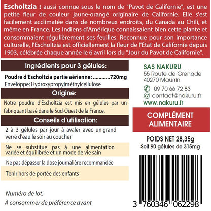 NAKURU Escholtzia — 90 gélules — Étiquette dos